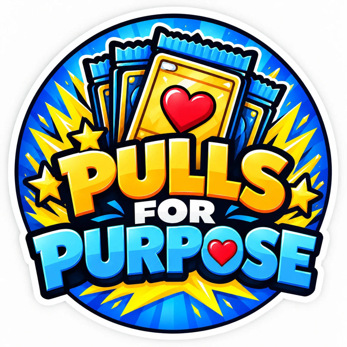 Colorful Pulls for Purpose logo with a heart card and booster packs
